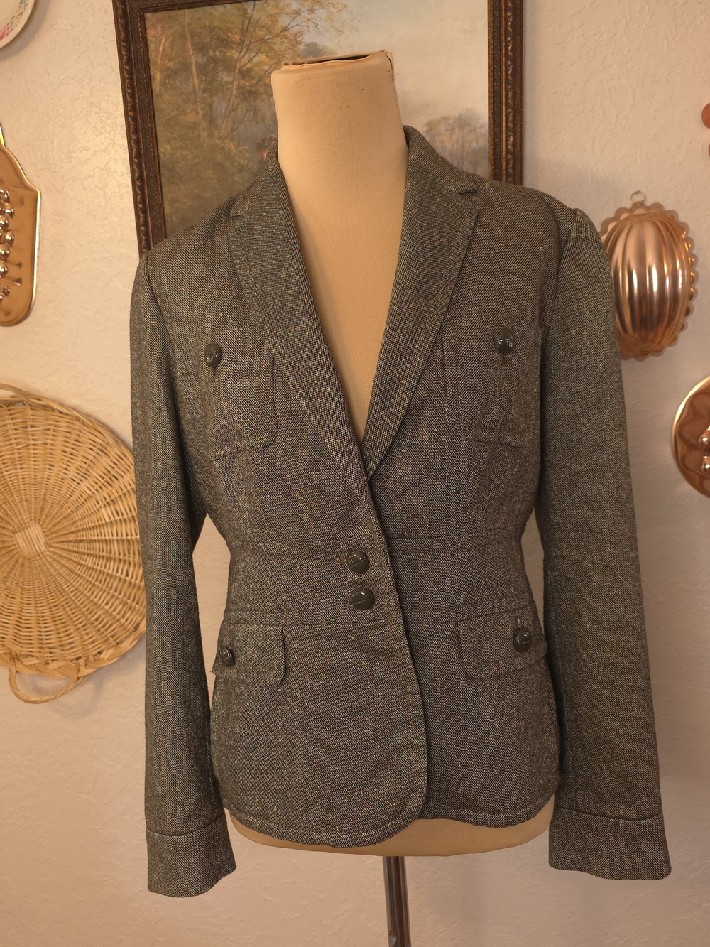 Talbots Petite 4P Olive Gray Tweed Military Style Blazer Jacket Preppy Heritage